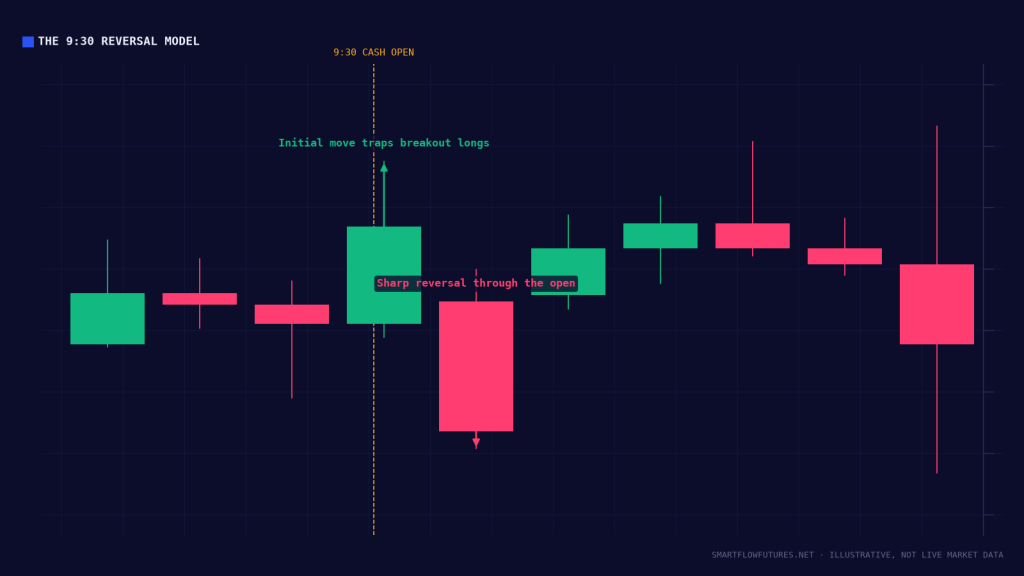 Diagram illustrating the 9:30 cash-open reversal — SmartFlow Futures