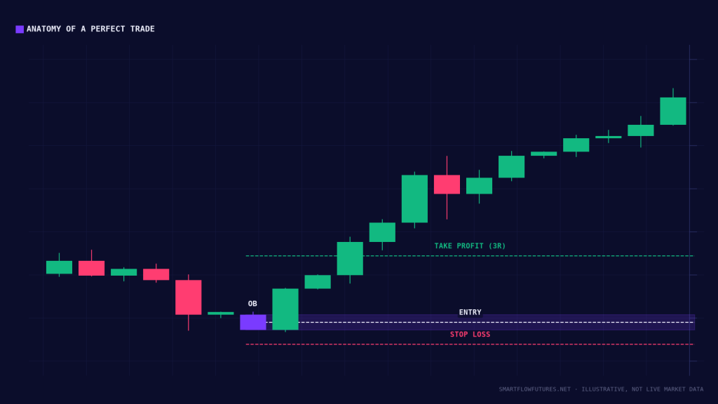 Diagram illustrating a fully annotated SMC trade — SmartFlow Futures