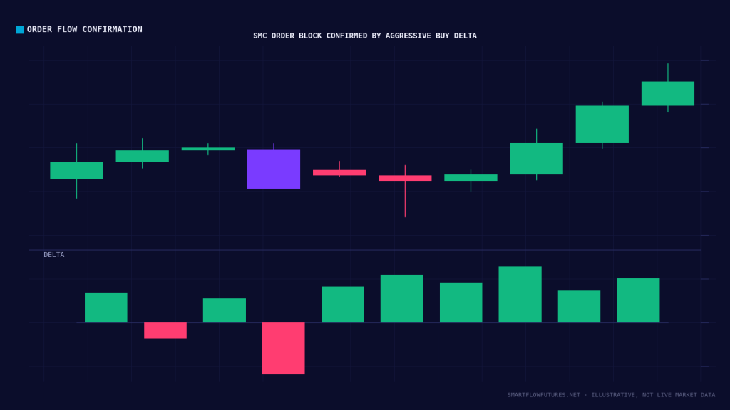 Diagram illustrating order flow confirming an SMC setup — SmartFlow Futures