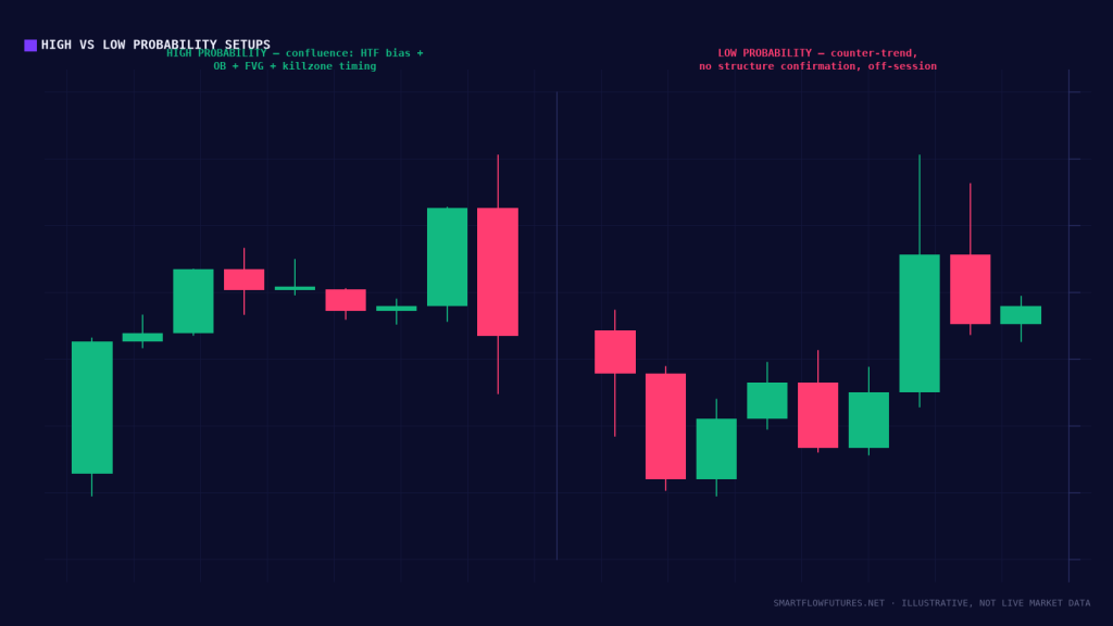 Diagram illustrating high- vs low-probability setups — SmartFlow Futures