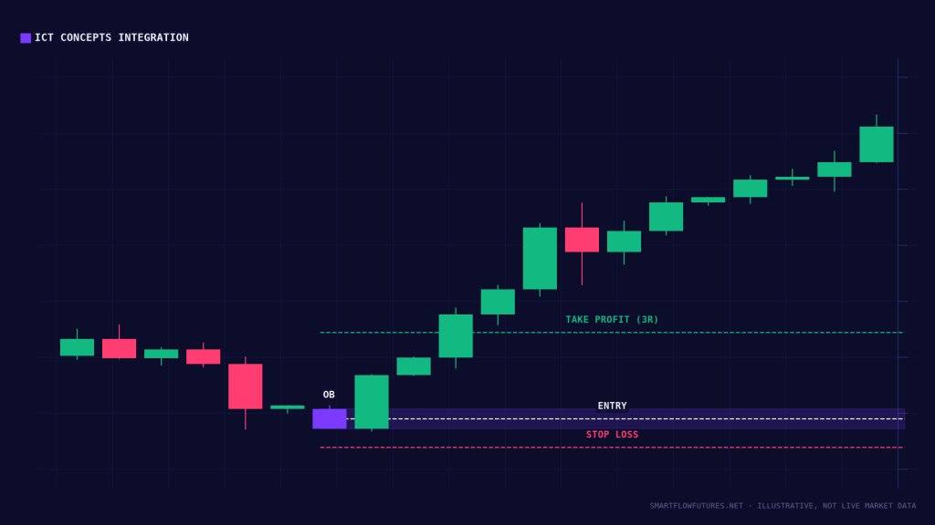 Diagram illustrating a fully annotated SMC trade — SmartFlow Futures