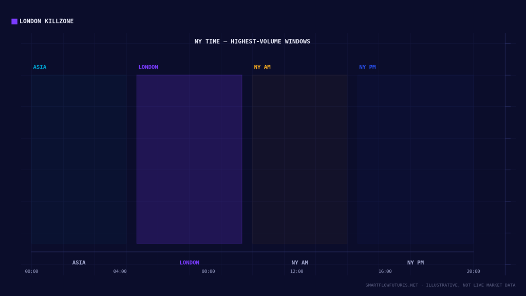 Diagram illustrating session killzones on a 24-hour timeline — SmartFlow Futures