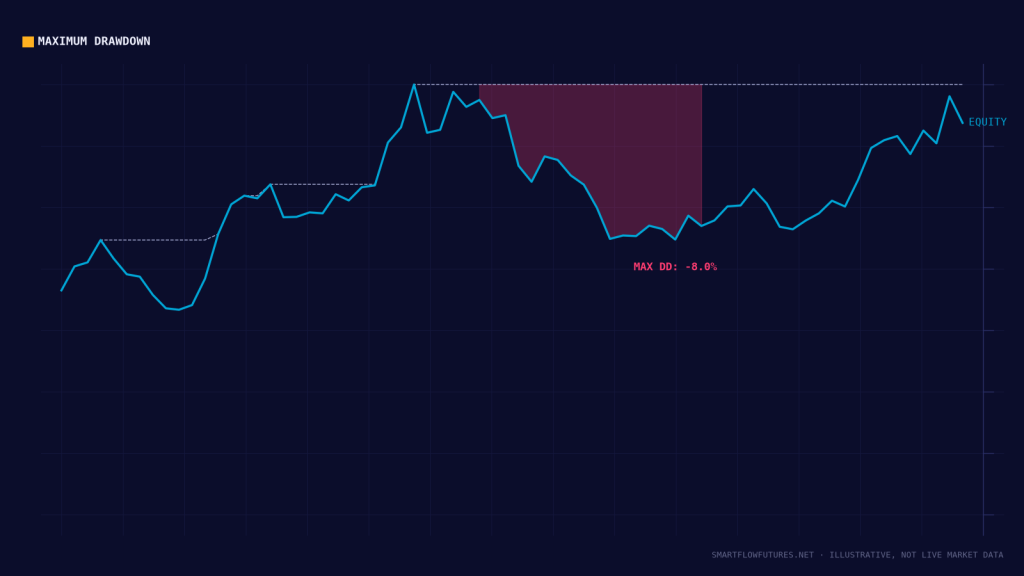 Diagram illustrating maximum drawdown on an equity curve — SmartFlow Futures