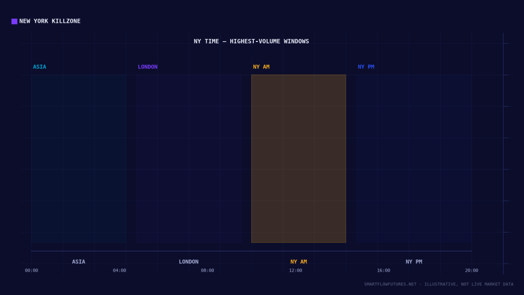 Diagram illustrating session killzones on a 24-hour timeline — SmartFlow Futures