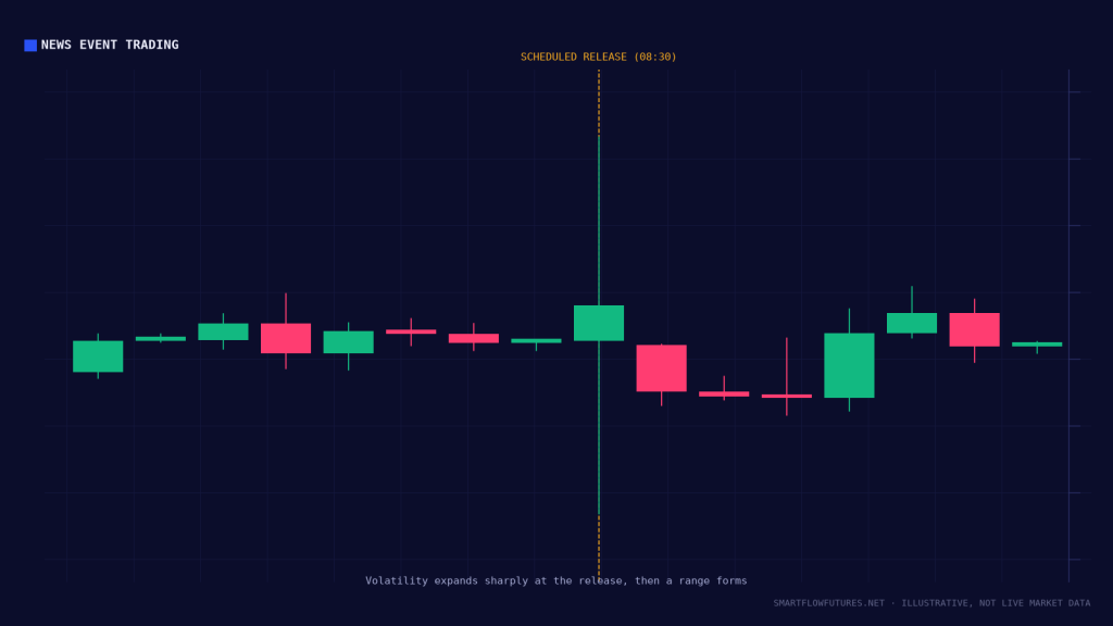 Diagram illustrating a volatility spike around a news release — SmartFlow Futures
