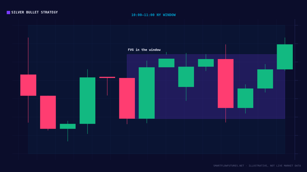 Diagram illustrating the Silver Bullet time-window setup — SmartFlow Futures