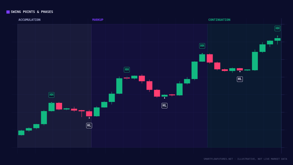 Diagram illustrating swing points across market phases — SmartFlow Futures