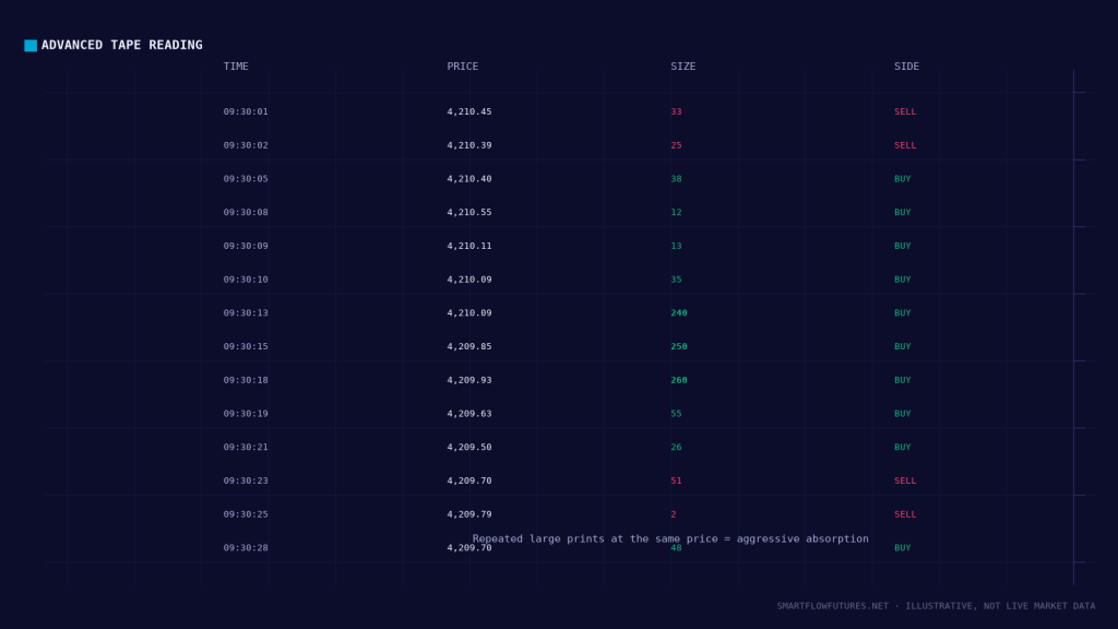 Diagram illustrating time-and-sales tape reading — SmartFlow Futures