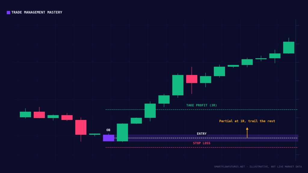 Diagram illustrating a fully annotated SMC trade — SmartFlow Futures