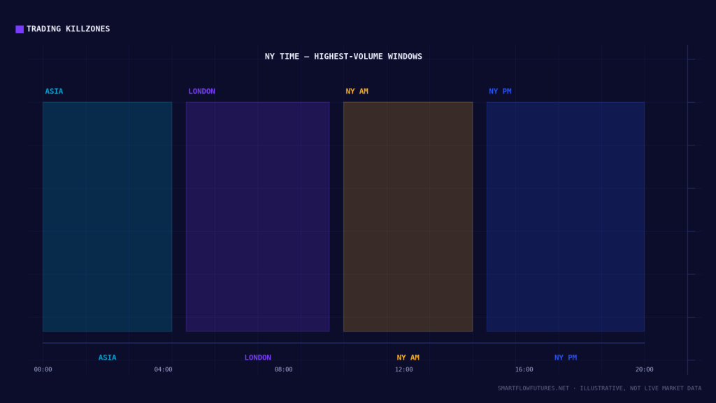 Diagram illustrating session killzones on a 24-hour timeline — SmartFlow Futures