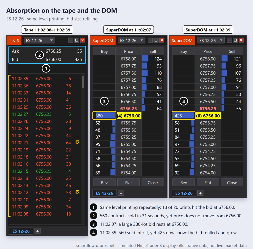 NinjaTrader Time & Sales and two SuperDOM snapshots for ES 12-26: 560 contracts sold at 6,756.00 while the bid refills from 380 to 425 and price does not move — SmartFlow Futures