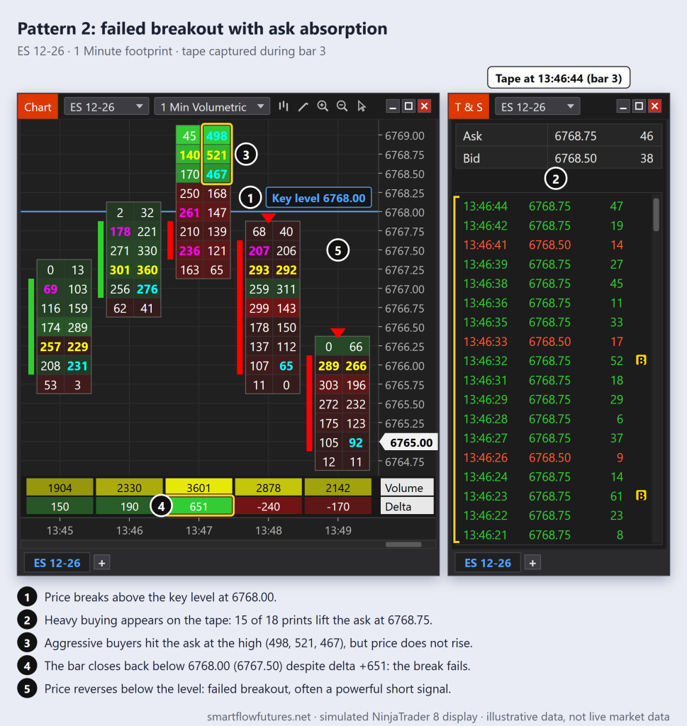 NinjaTrader footprint and Time & Sales for ES 12-26: heavy buying above 6,768.00 is absorbed at the ask, the bar closes back below the level and price falls — SmartFlow Futures