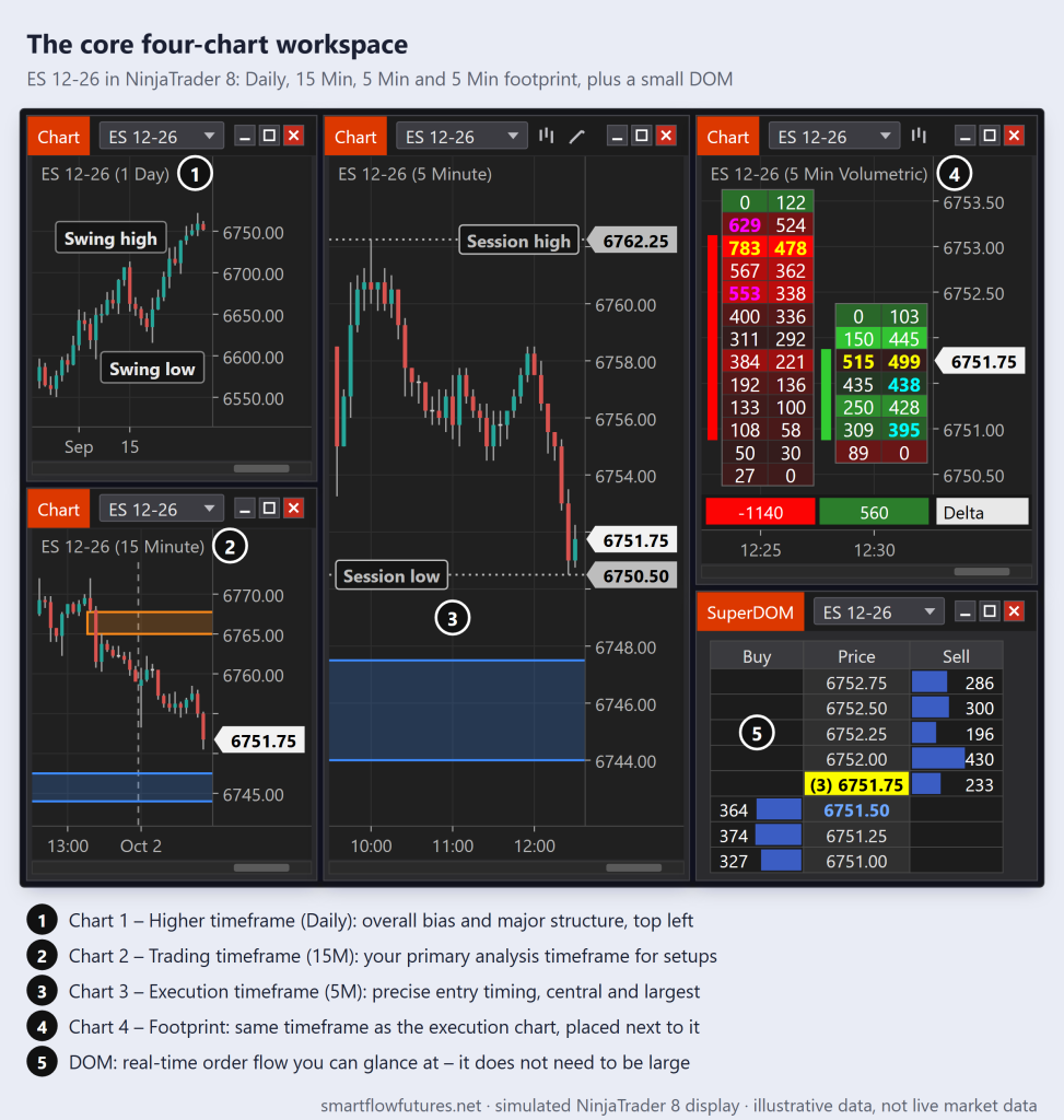 Simulated NinjaTrader 8 ES workspace: Daily and 15-minute charts on the left, a large 5-minute execution chart in the center, a 5-minute footprint and a small DOM on the right — SmartFlow Futures