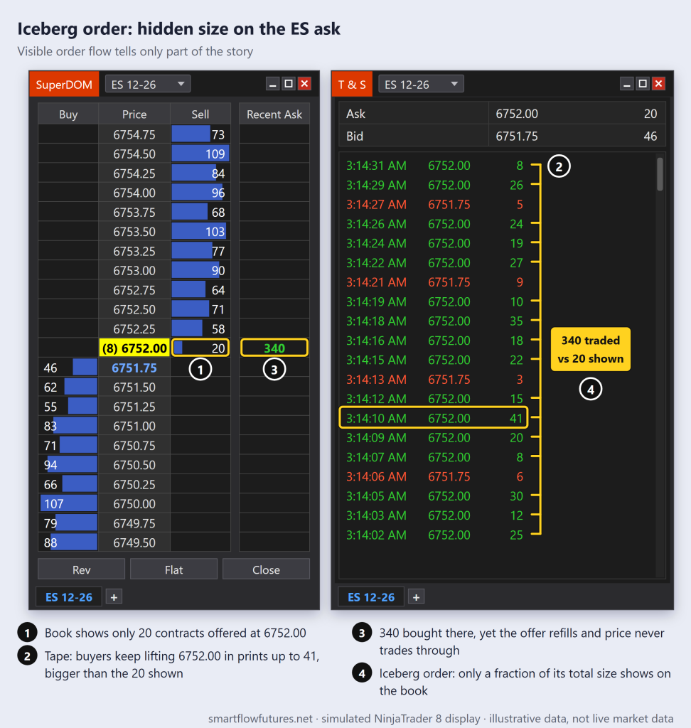 Simulated NinjaTrader 8 ES SuperDOM and Time & Sales: 20 contracts shown at 6752.00 while 340 trade there, an iceberg order hiding size — SmartFlow Futures