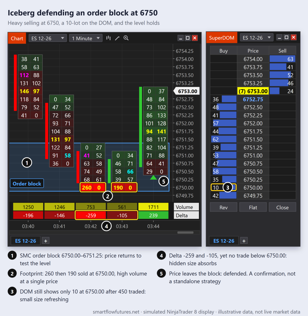 Simulated NinjaTrader 8 volumetric footprint and SuperDOM: 450 contracts trade at 6750 inside an order block while the DOM shows only 10 there — SmartFlow Futures