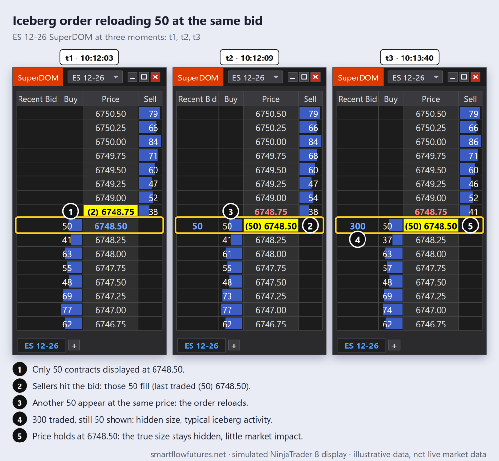 Three simulated NinjaTrader SuperDOM snapshots of ES: the bid at 6,748.50 keeps showing 50 contracts after each fill while Recent Bid climbs to 300 — SmartFlow Futures