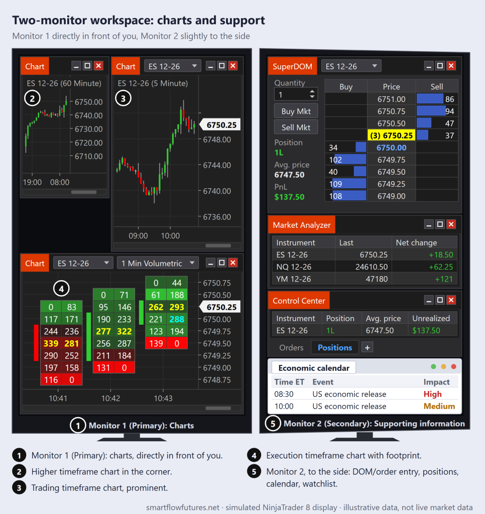 Simulated NinjaTrader 8 two-monitor workspace: Monitor 1 with ES 60-minute, 5-minute and footprint charts; Monitor 2 with SuperDOM, positions, watchlist, calendar — SmartFlow Futures