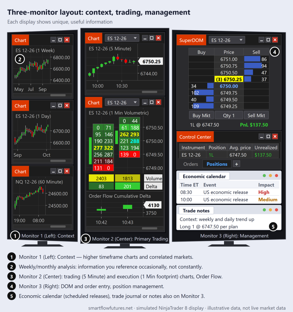 Simulated NinjaTrader 8 three-monitor layout: context charts left, ES 5-minute chart, footprint and cumulative delta center, SuperDOM, positions, calendar and notes right — SmartFlow Futures