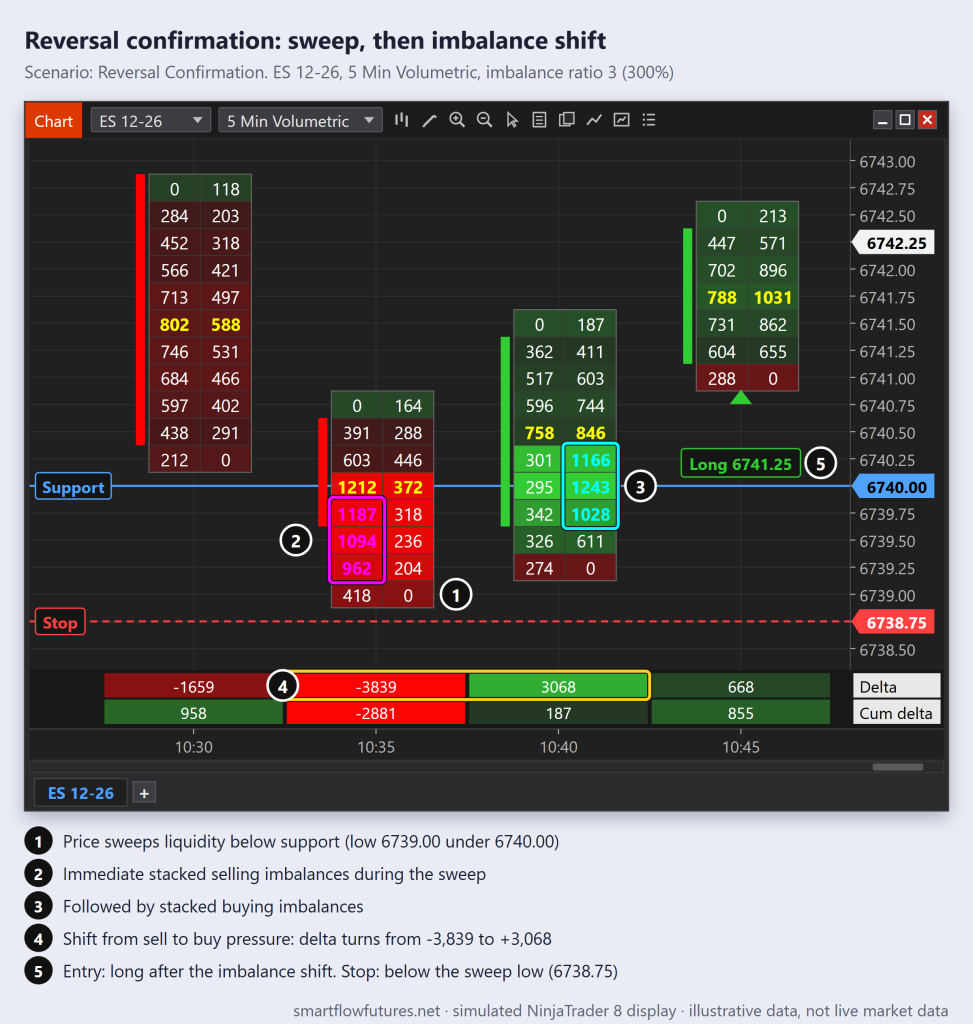 Simulated NinjaTrader 8 footprint of ES: a sweep below support, stacked selling then stacked buying imbalances, delta turning positive, long entry, stop below the sweep low — SmartFlow Futures