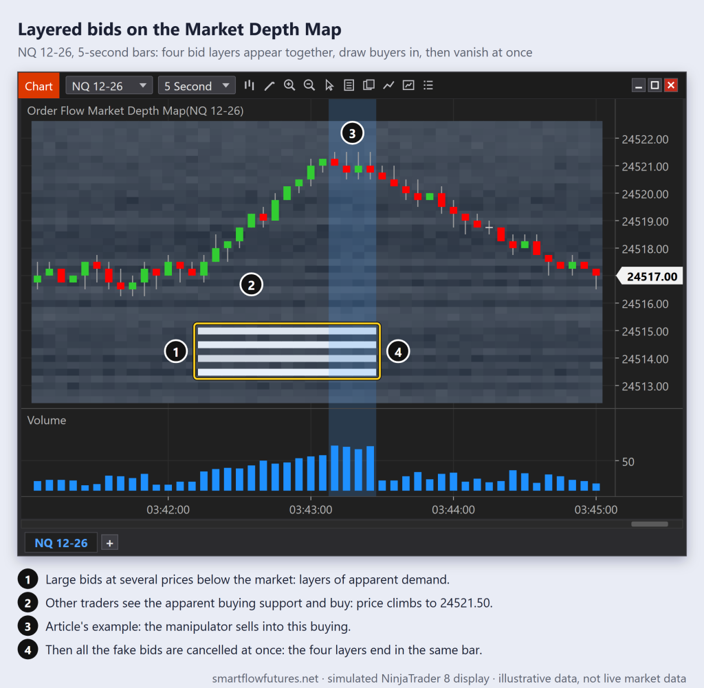 NinjaTrader 5-second NQ chart with Market Depth Map: four bright bid bands below price while it rallies, then all four bands end in the same bar — SmartFlow Futures