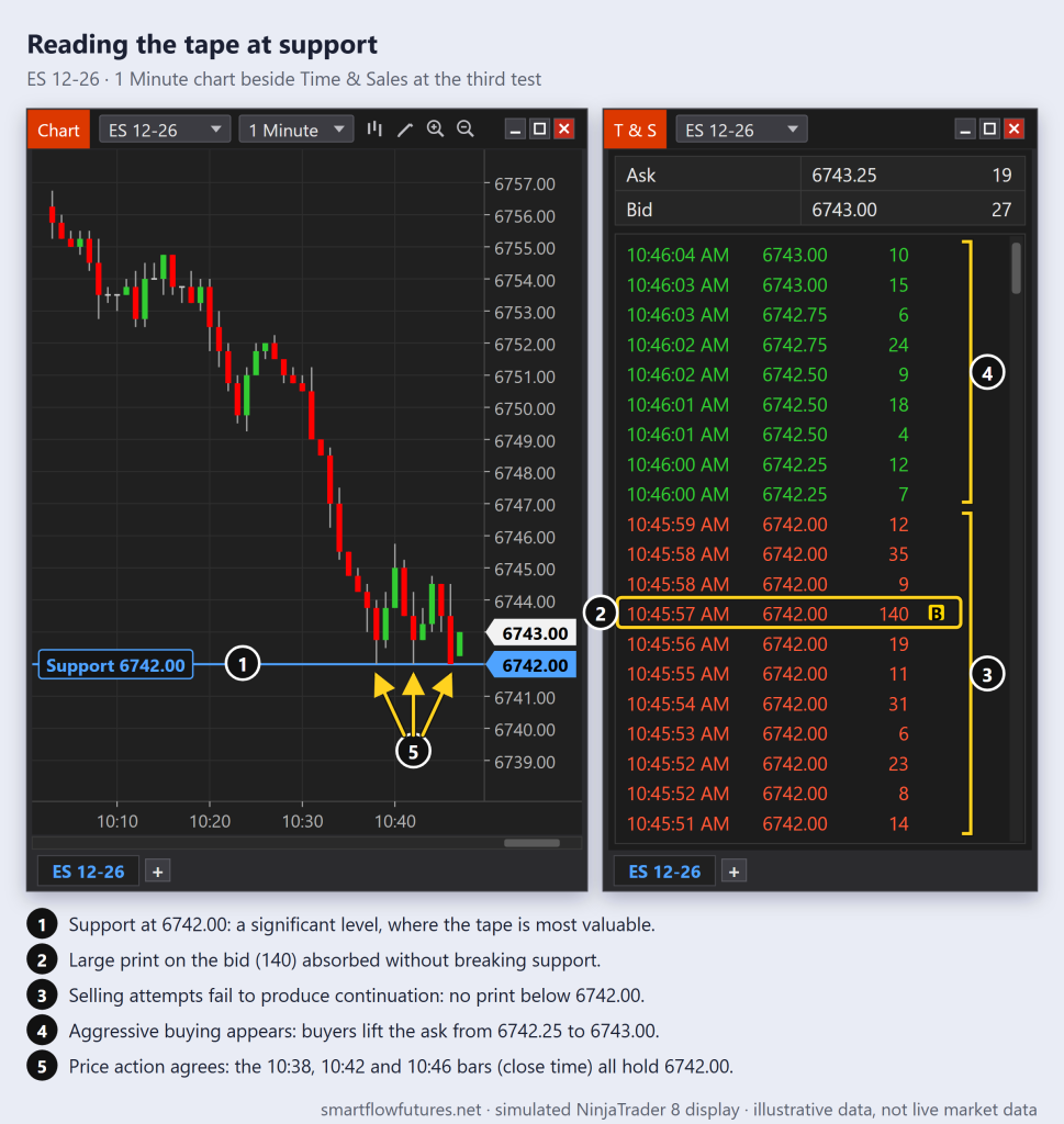 Simulated NinjaTrader 8 1-minute ES chart testing support at 6742.00 beside Time & Sales showing a 140-lot bid print absorbed and buyers stepping in — SmartFlow Futures