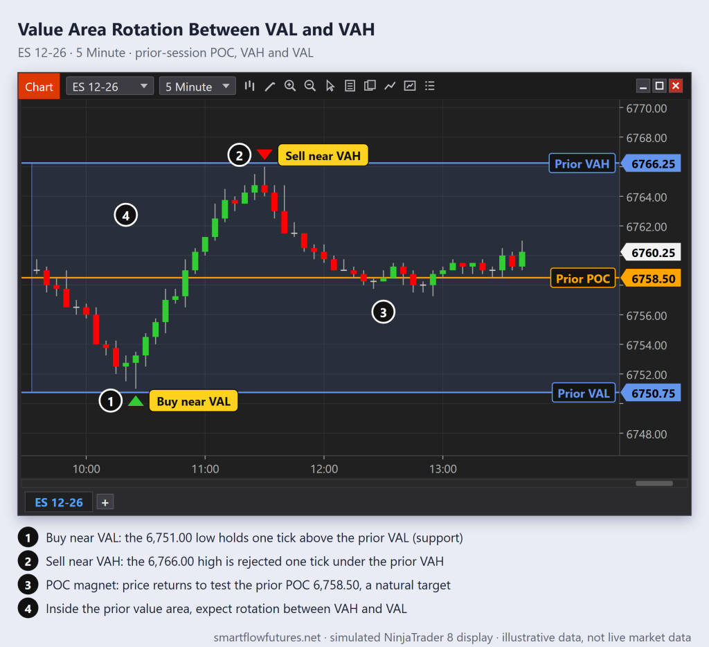 NinjaTrader ES 5-minute chart rotating inside the prior value area: buy near VAL 6,750.75, sell near VAH 6,766.25, return to the POC at 6,758.50 — SmartFlow Futures