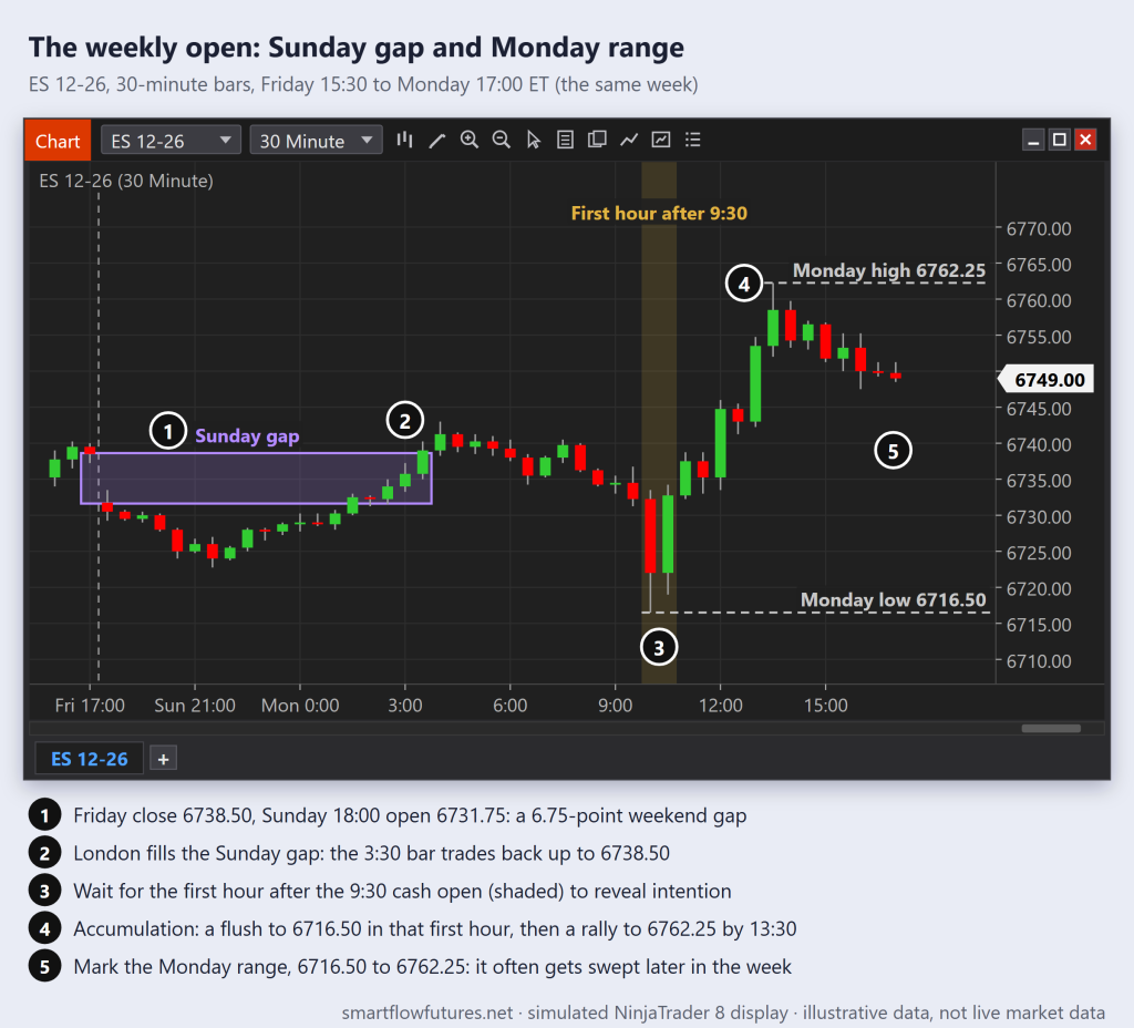 Simulated NinjaTrader 8 ES 30-minute chart: a 6.75-point Sunday gap filled in London, the first hour after the 9:30 open, and the Monday range 6716.50-6762.25 — SmartFlow Futures