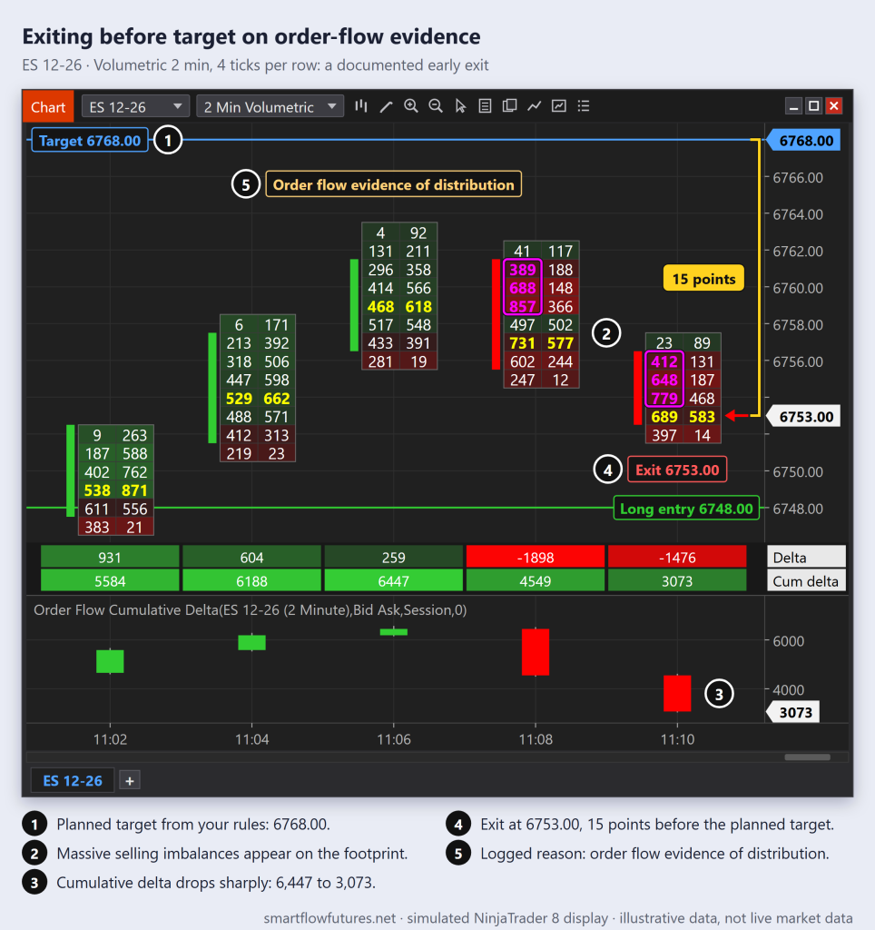 Simulated NinjaTrader 8 ES 12-26 footprint: stacked selling imbalances and falling cumulative delta prompt a long exit 15 points before the planned target — SmartFlow Futures