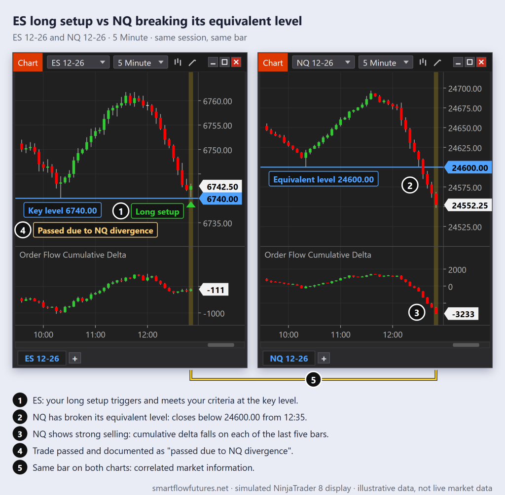 Simulated NinjaTrader 8 ES and NQ 12-26 charts side by side: ES long setup triggers at its level while NQ breaks its equivalent level with strong selling — SmartFlow Futures